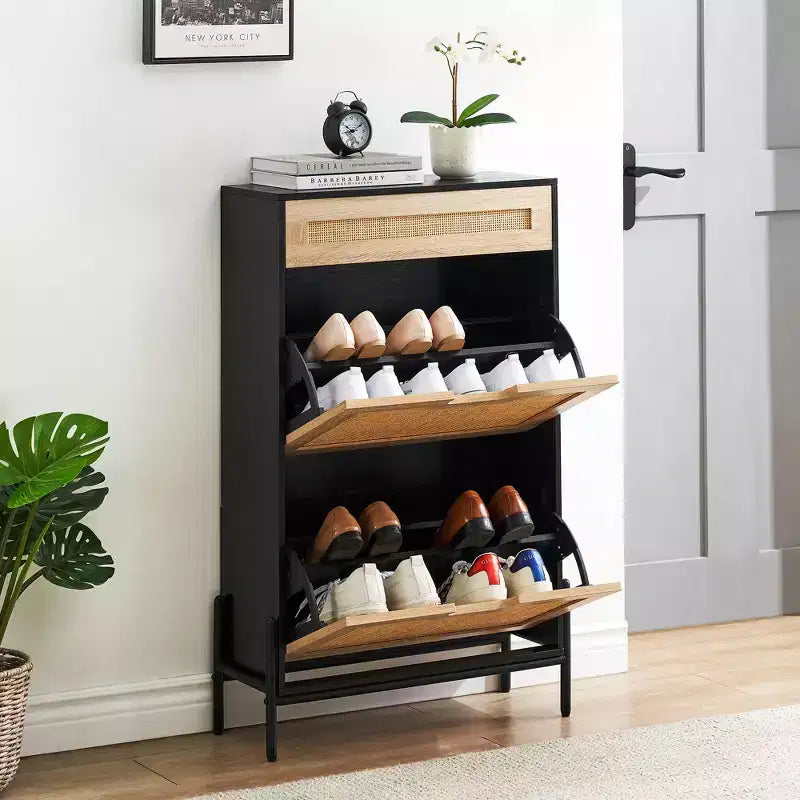 2 Flip Drawers Shoe Storage Cabinet with 1 Drawer, Rattan Shoe Organizer with Metal Legs, Freestanding Narrow Shoe Rack Cabinet for Entryway
