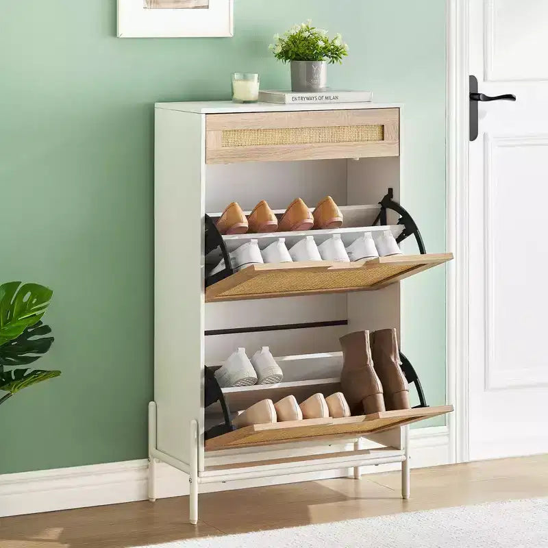 Meuble à chaussures 2 tiroirs basculants avec 1 tiroir, meuble à chaussures en rotin avec pieds en métal, armoire à chaussures étroite autoportante pour entrée