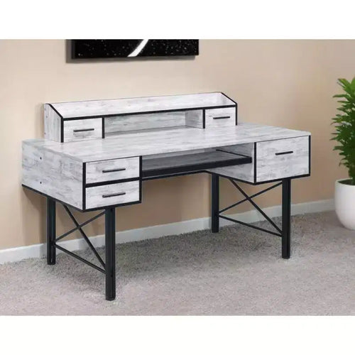 Bureau d'ordinateur blanc et noir antique de 59 po avec cinq tiroirs