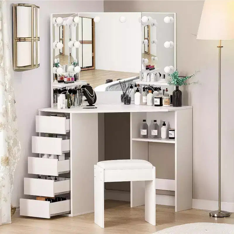 Coiffeuse d'angle avec miroir et lumière, 3 réglages d'éclairage/luminosité, ensemble de coiffeuse avec 5 tiroirs coulissants/étagère/tabouret de coiffeuse, noir