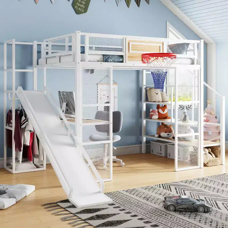 Lit mezzanine en métal Okak, taille simple/double, avec bureau et panier de basket, lits superposés peu encombrants avec toboggan et escalier, lit mezzanine robuste pour enfants et adolescents