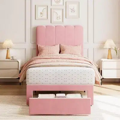 Cadre de lit jumeau avec tiroir de rangement sous le lit Tête de lit ondulée rembourrée en velours/boucle pour filles, support à lattes en bois (pas de sommier tapissier), blanc/rose