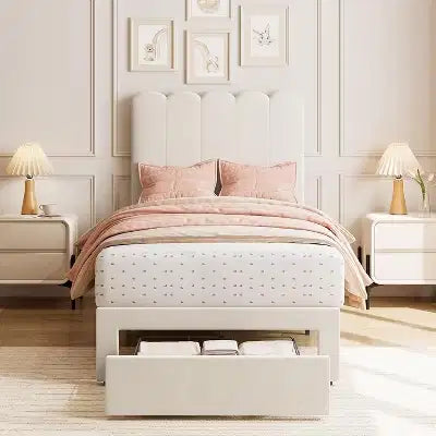 Cadre de lit jumeau avec tiroir de rangement sous le lit Tête de lit ondulée rembourrée en velours/boucle pour filles, support à lattes en bois (pas de sommier tapissier), blanc/rose