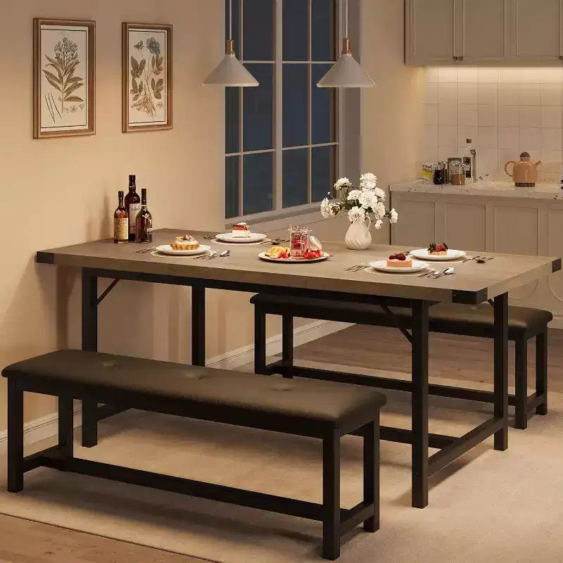 Ensemble de table à manger extensible 3 pièces pour 4-6 personnes avec 2 bancs rembourrés, grande table de cuisine rectangulaire, design peu encombrant