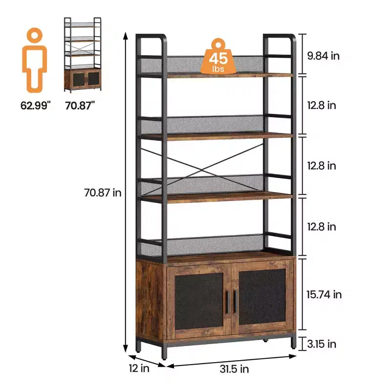 Étagère Industrielle à 3 Niveaux avec Portes en Treillis Métallique - Bibliothèque de Rangement Vintage en Fer et Bois pour Salon ou Bureau, Robuste