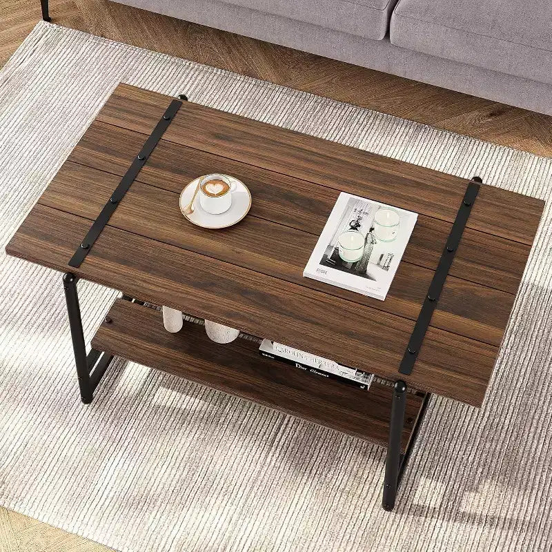 Table basse de ferme rustique 41, table de salon minimaliste moderne en bois et métal, table centrale rectangulaire à 2 niveaux avec rangement