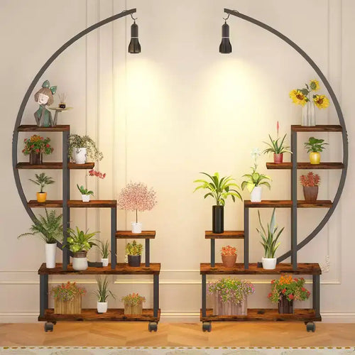 Étagère à plantes d'intérieur demi-lune à 6 niveaux avec lumières de croissance et roues, Support à plantes haut en métal pour bonsaï, fleurs et décoration, Organisateur pour balcon et salon