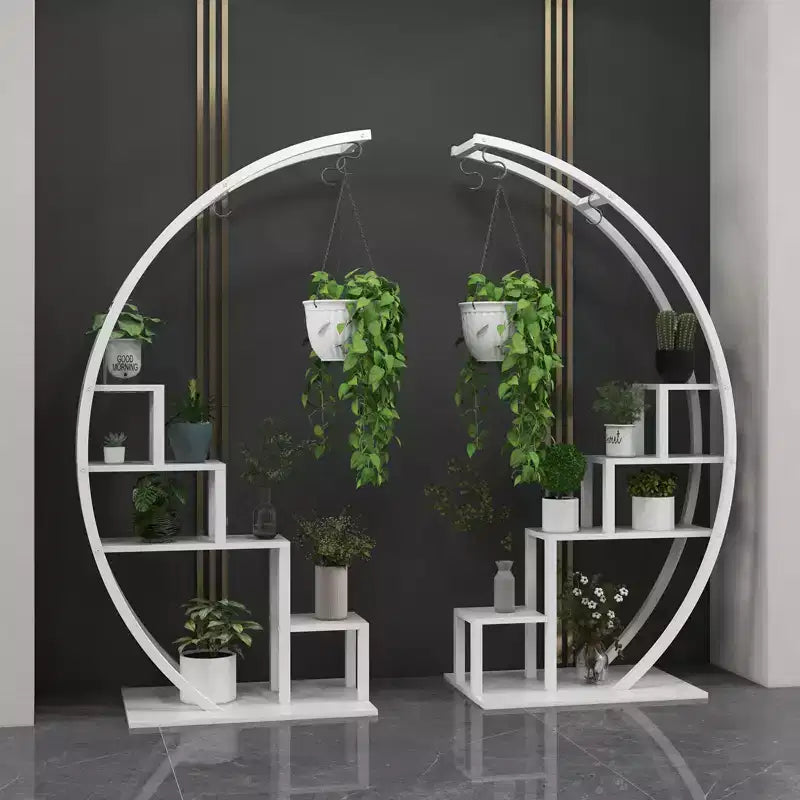 Support de plantes d'intérieur à 5 niveaux en forme de demi-lune avec crochets de suspension, étagère d'exposition incurvée pour pots de fleurs pour la maison, le patio, le jardin et le balcon