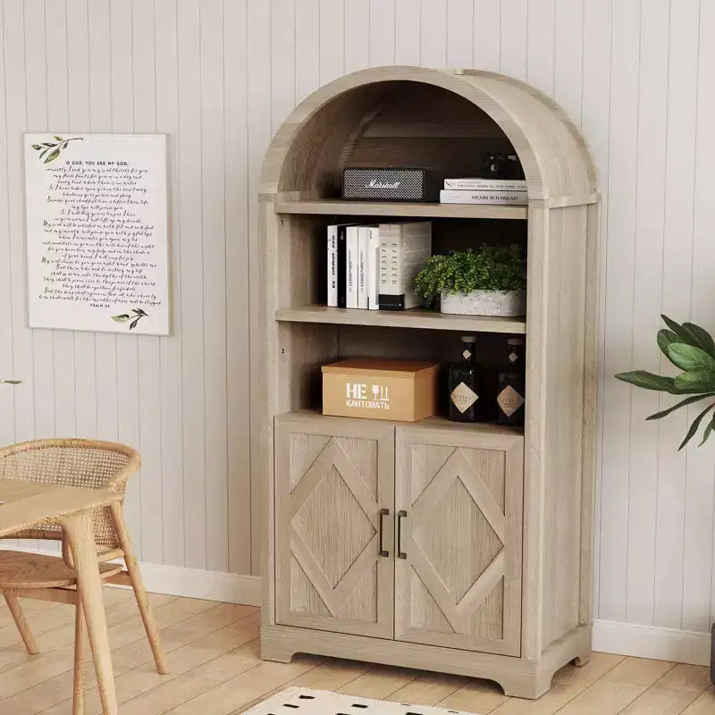 Dyonery 71 Armoire bibliothèque haute voûtée avec portes, meuble voûté noir moderne du milieu du siècle à 5 étagères avec rangement et étagères ouvertes réglables Gris