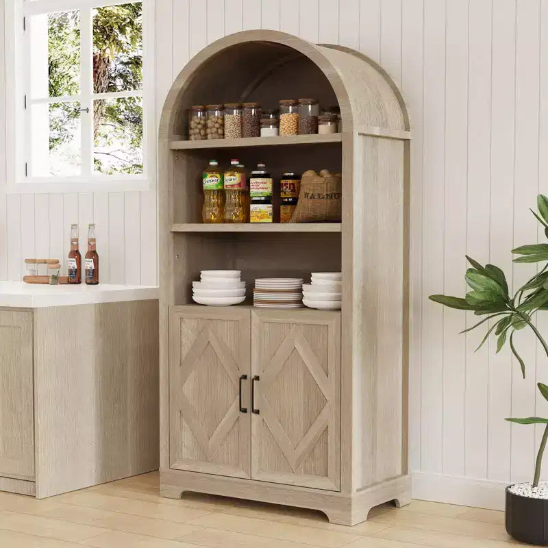 Dyonery 71 Armoire bibliothèque haute voûtée avec portes, meuble voûté noir moderne du milieu du siècle à 5 étagères avec rangement et étagères ouvertes réglables Gris