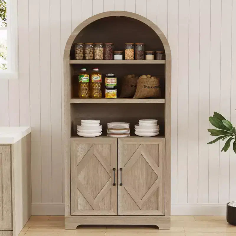 Dyonery 71 Armoire bibliothèque haute voûtée avec portes, meuble voûté noir moderne du milieu du siècle à 5 étagères avec rangement et étagères ouvertes réglables Gris
