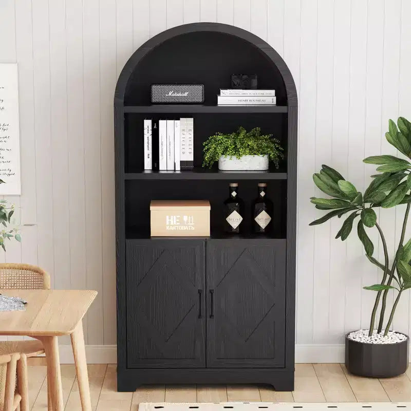 Dyonery 71 Armoire bibliothèque haute voûtée avec portes, meuble voûté noir moderne du milieu du siècle à 5 étagères avec rangement et étagères ouvertes réglables Gris