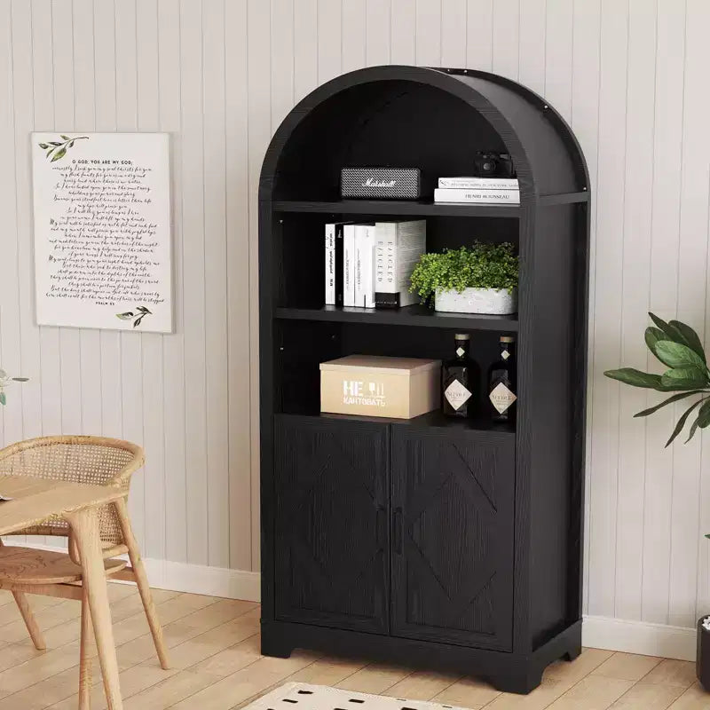 Dyonery 71 Armoire bibliothèque haute voûtée avec portes, meuble voûté noir moderne du milieu du siècle à 5 étagères avec rangement et étagères ouvertes réglables Gris