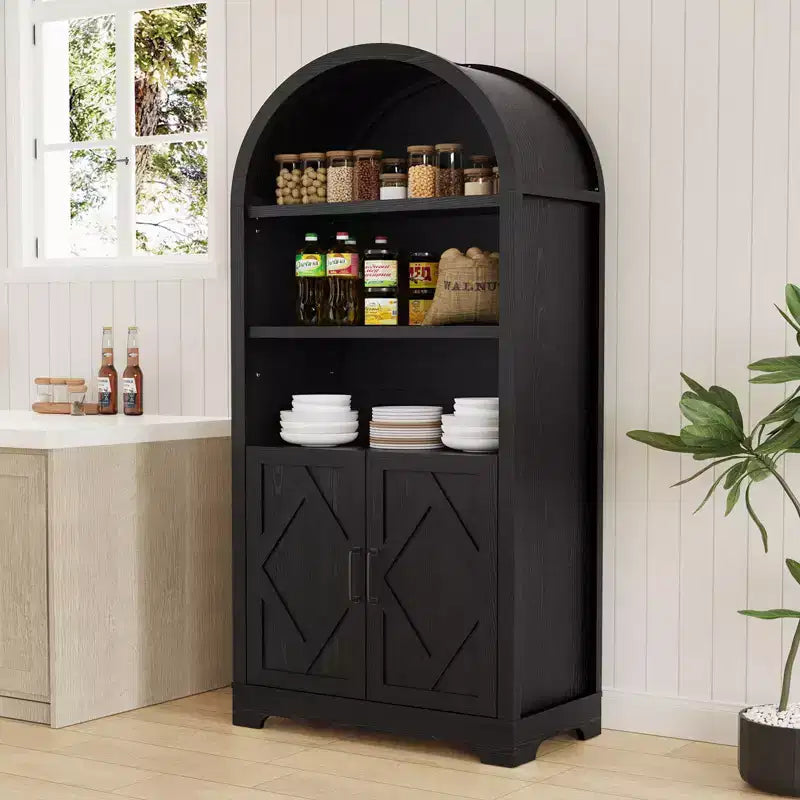 Dyonery 71 Armoire bibliothèque haute voûtée avec portes, meuble voûté noir moderne du milieu du siècle à 5 étagères avec rangement et étagères ouvertes réglables Gris