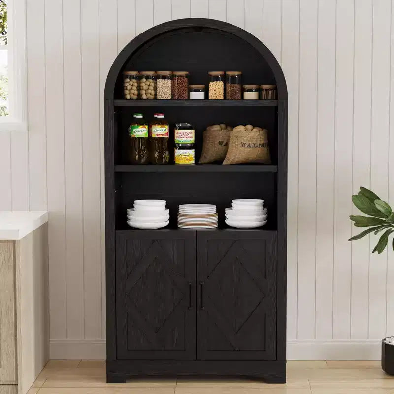 Dyonery 71 Armoire bibliothèque haute voûtée avec portes, meuble voûté noir moderne du milieu du siècle à 5 étagères avec rangement et étagères ouvertes réglables Gris