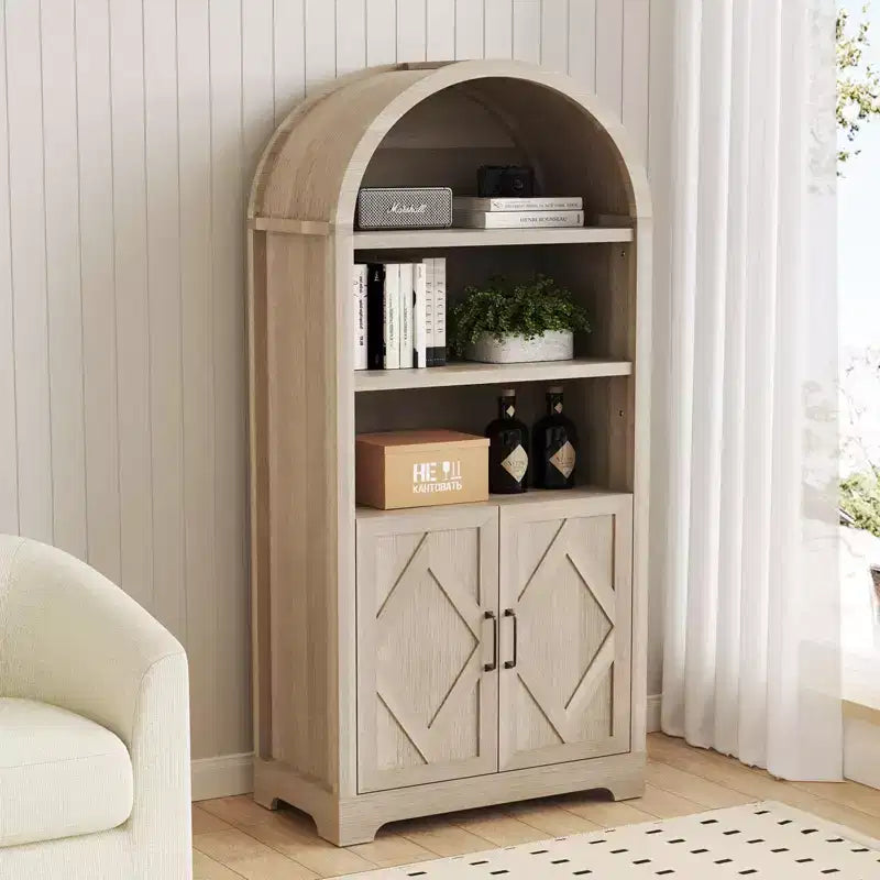 Dyonery 71 Armoire bibliothèque haute voûtée avec portes, meuble voûté noir moderne du milieu du siècle à 5 étagères avec rangement et étagères ouvertes réglables Gris