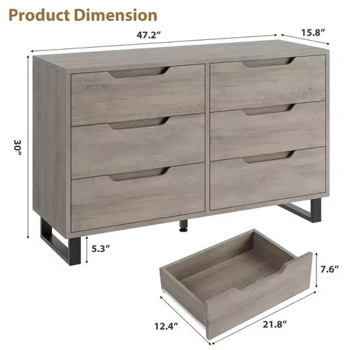 Commode à 6 tiroirs pour chambre à coucher, commode de 120 cm de large, meuble de rangement vertical autoportant avec rangement, commode de rangement en bois