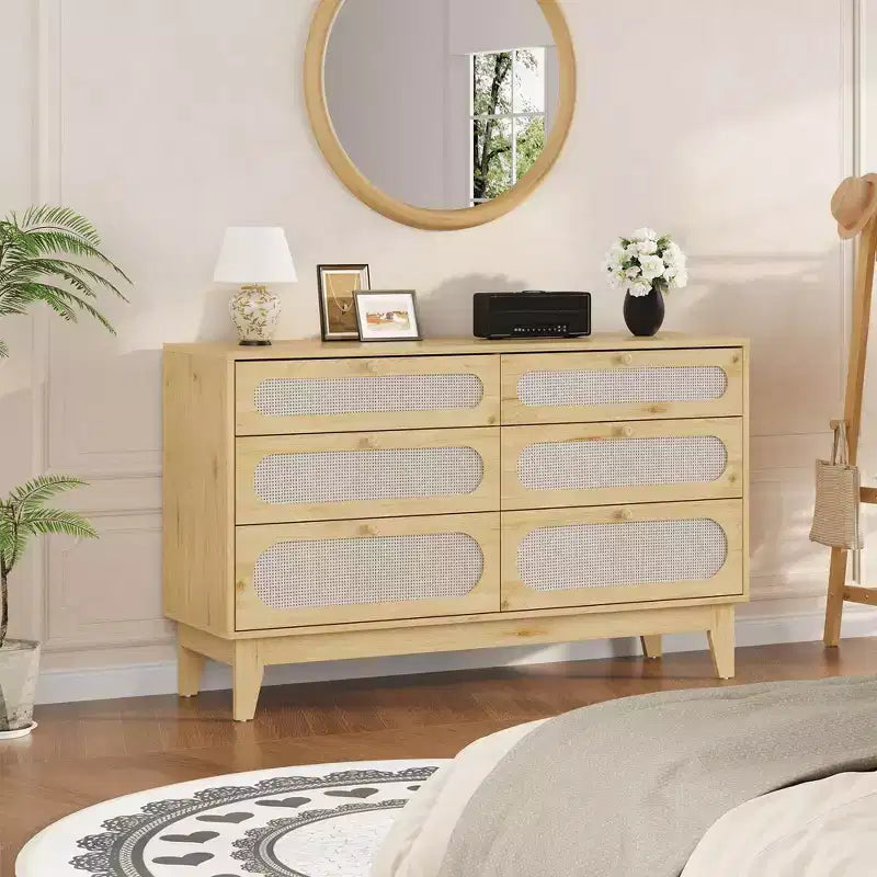 Commode à 6 tiroirs en rotin, avec ports USB et prises de courant, 6 tiroirs de rangement pour chambre à coucher, salon, couloir, chevet, salle à manger, couloir