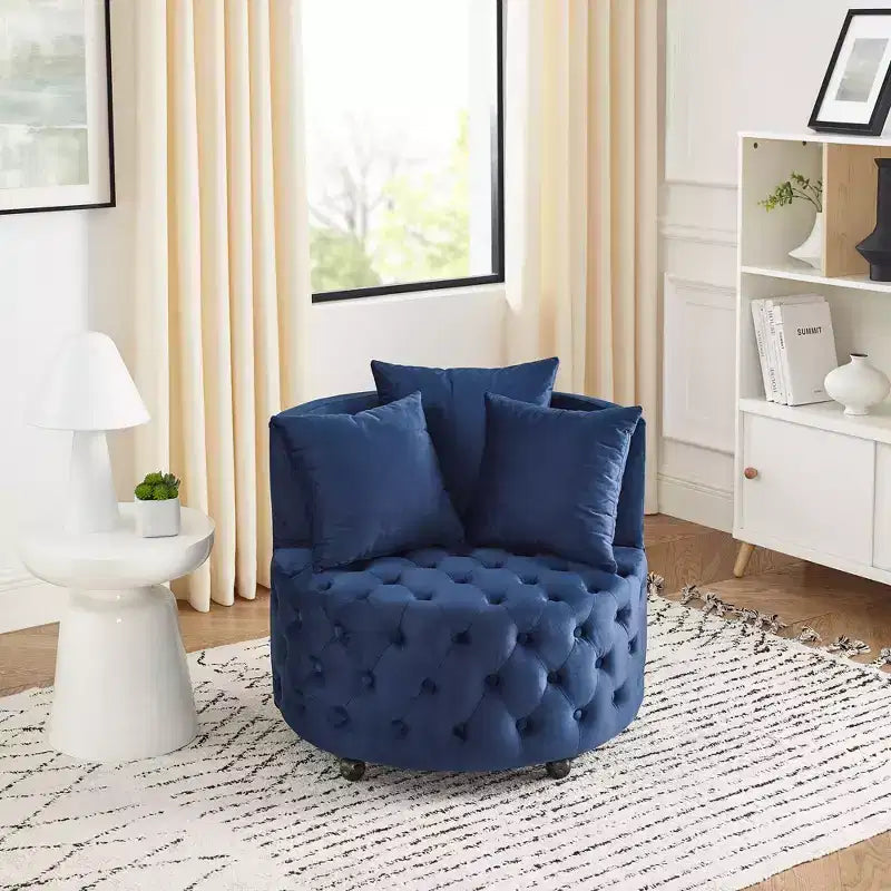 Fauteuil pivotant de salon en velours, avec capitonnage et roulettes mobiles, incluant 3 oreillers, noir