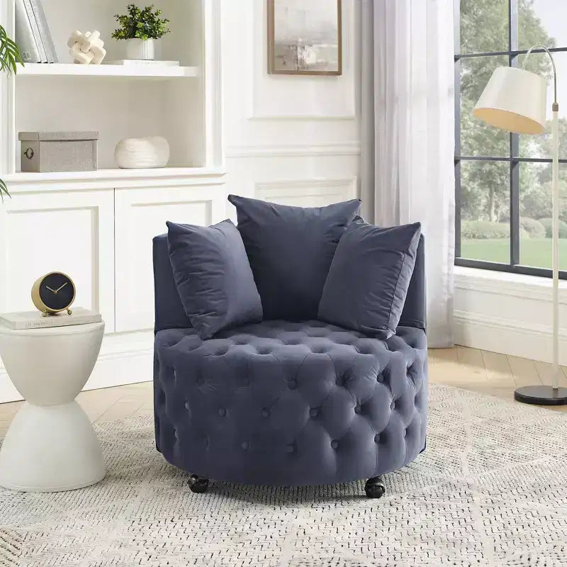 Fauteuil pivotant de salon en velours, avec capitonnage et roulettes mobiles, incluant 3 oreillers, noir