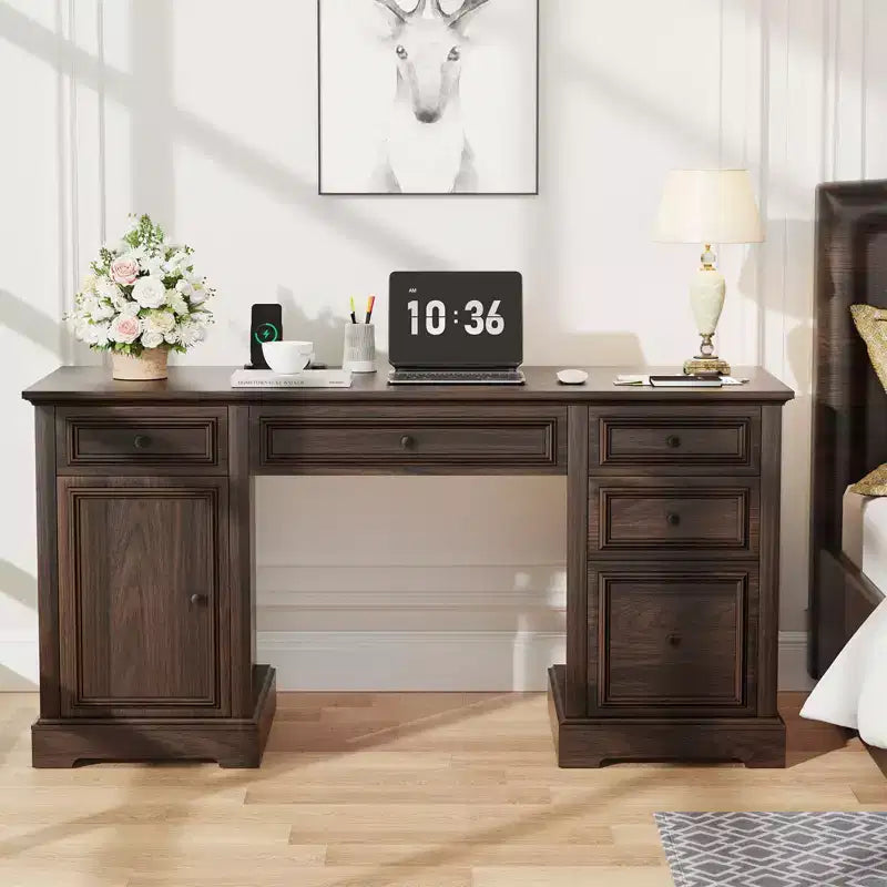 Dyonery 60 Bureau de direction rustique avec tiroirs et classeur, texture bois gaufré, bureau à domicile, espace de travail pour le travail, les études et l'écriture
