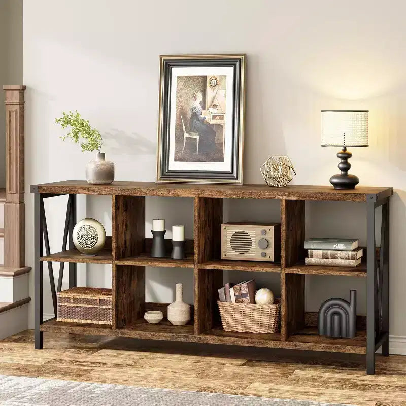Acekool 62 Meuble de rangement 8 cubes, Étagère horizontale industrielle à 3 niveaux en métal et bois pour entrée, salon