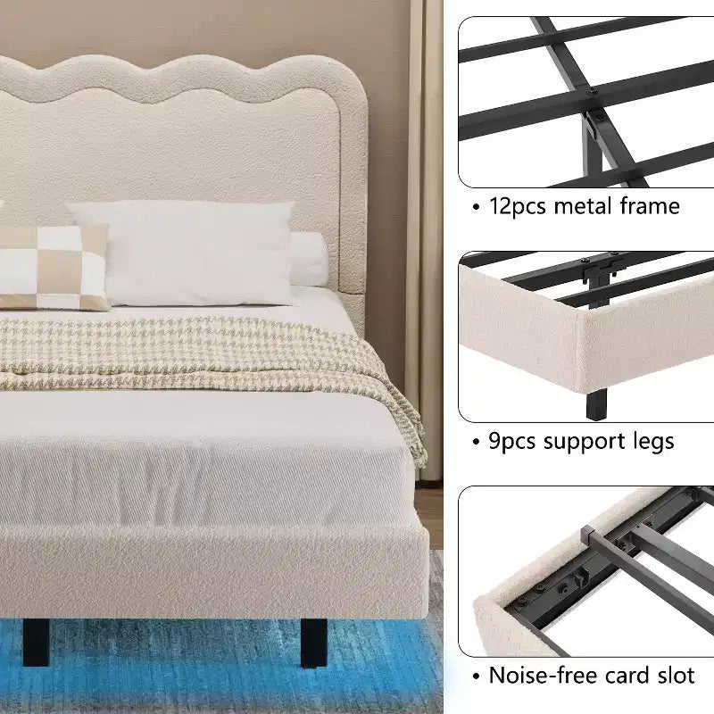 Cadre de lit Dyonery Queen Size en tissu bouclette avec lumières LED, cadre de lit flottant avec tête de lit ondulée et cadre métallique robuste, sans sommier tapissier ni bruit, assemblage facile