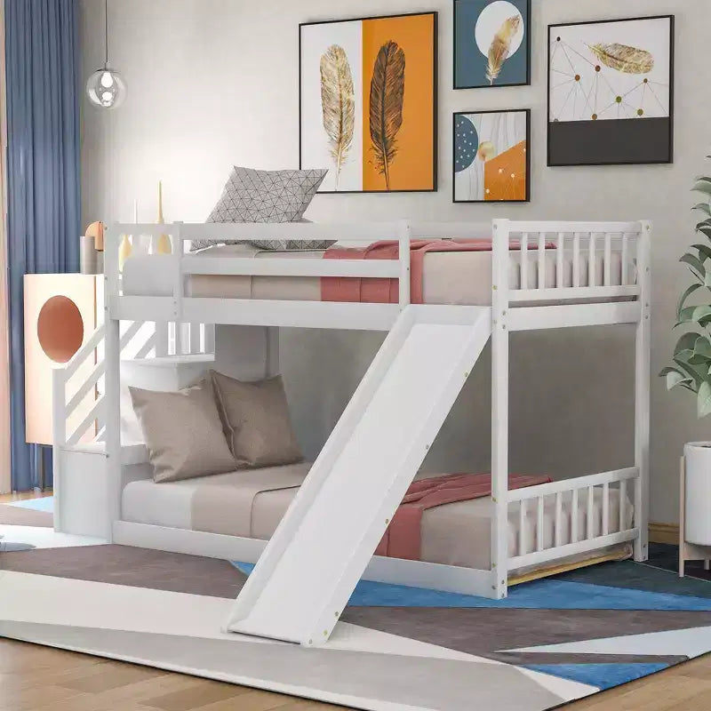 Lit superposé Okak Twin Over Twin au sol avec toboggan et escalier convertibles, lit superposé surélevé en bois de pin massif pour enfants, filles, garçons, facile à assembler