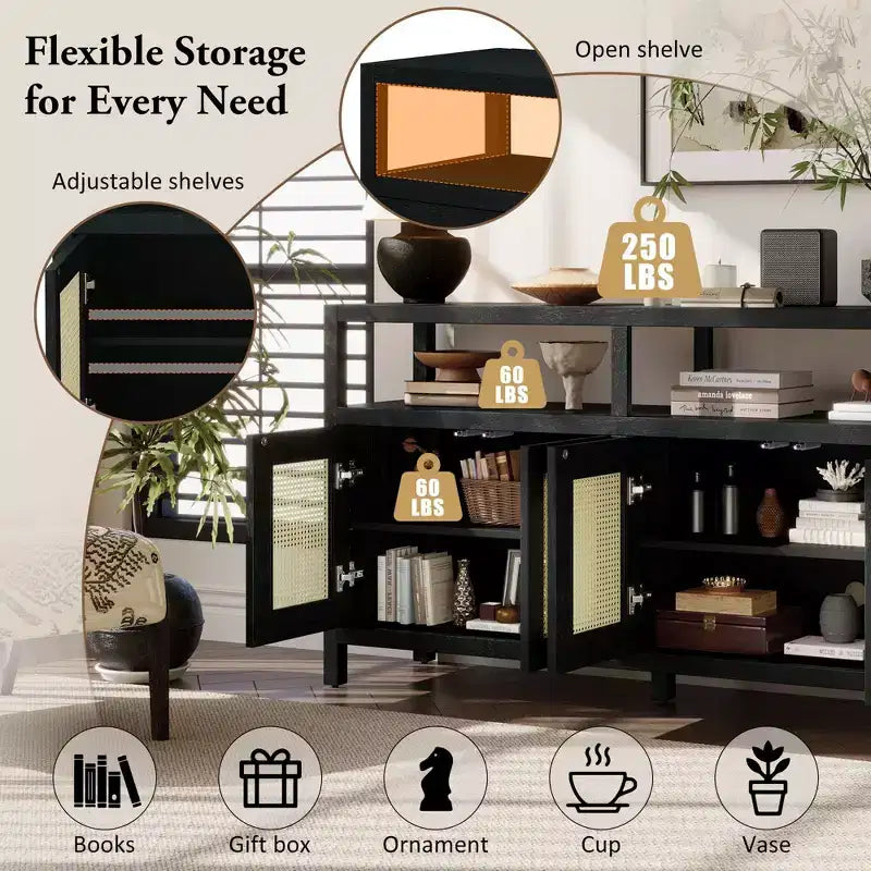 Meuble de rangement moderne Okak avec 4 portes et étagère réglable, buffet en bois avec grand espace de rangement pour salon, salle à manger, cuisine