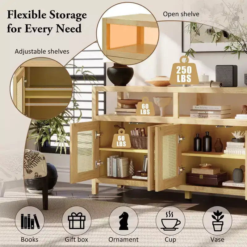 Meuble de rangement moderne Okak avec 4 portes et étagère réglable, buffet en bois avec grand espace de rangement pour salon, salle à manger, cuisine