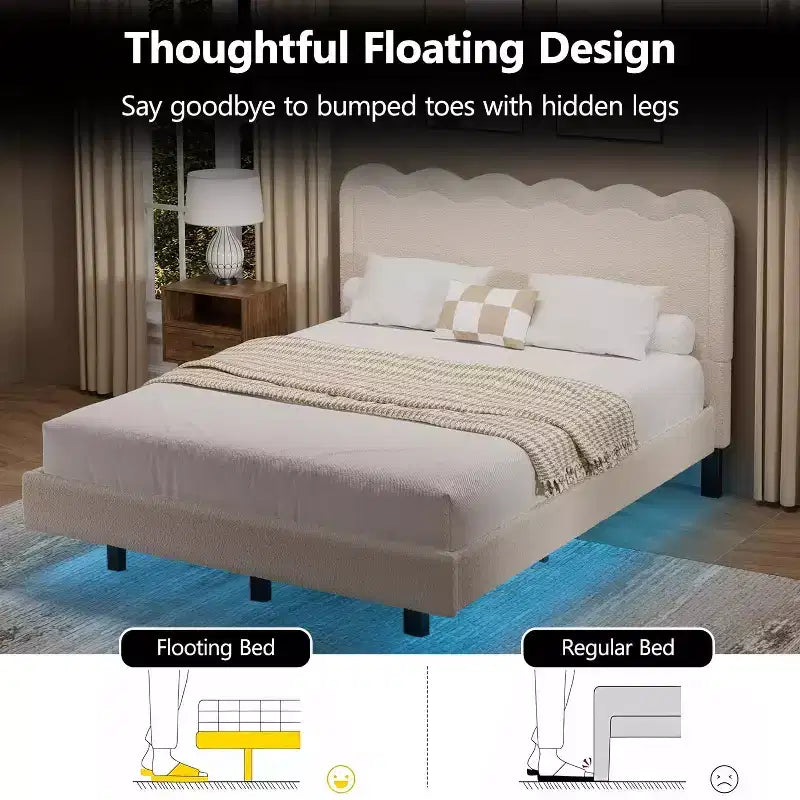 Lit double Dyonery Queen avec lumières LED, cadre flottant avec tête de lit ondulée, pas de sommier à ressorts requis, facile à assembler
