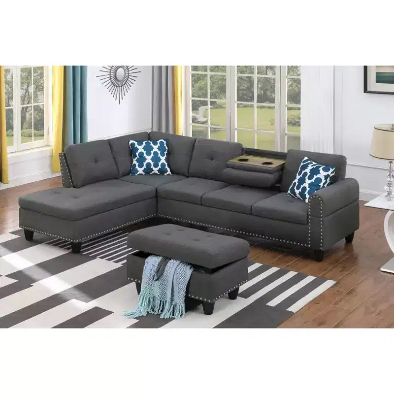 Canapé d'angle Okak 98 avec pouf modulable et 2 coussins décoratifs, chaise longue moderne en lin pour salon, appartement