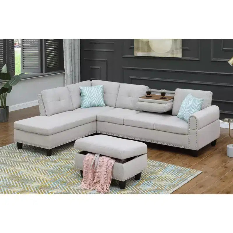 Canapé d'angle Okak 98 avec pouf modulable et 2 coussins décoratifs, chaise longue moderne en lin pour salon, appartement