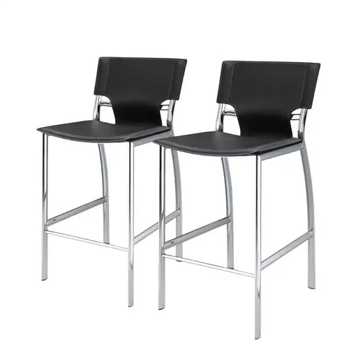 HomeRoots Set of Two 25 Gray and Silver Faux Leather and Metal Low Back Counter Height Bar Chairs