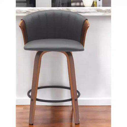 Chaise de bar pivotante de 26 po en similicuir gris et marron avec dossier en bois massif, hauteur de comptoir