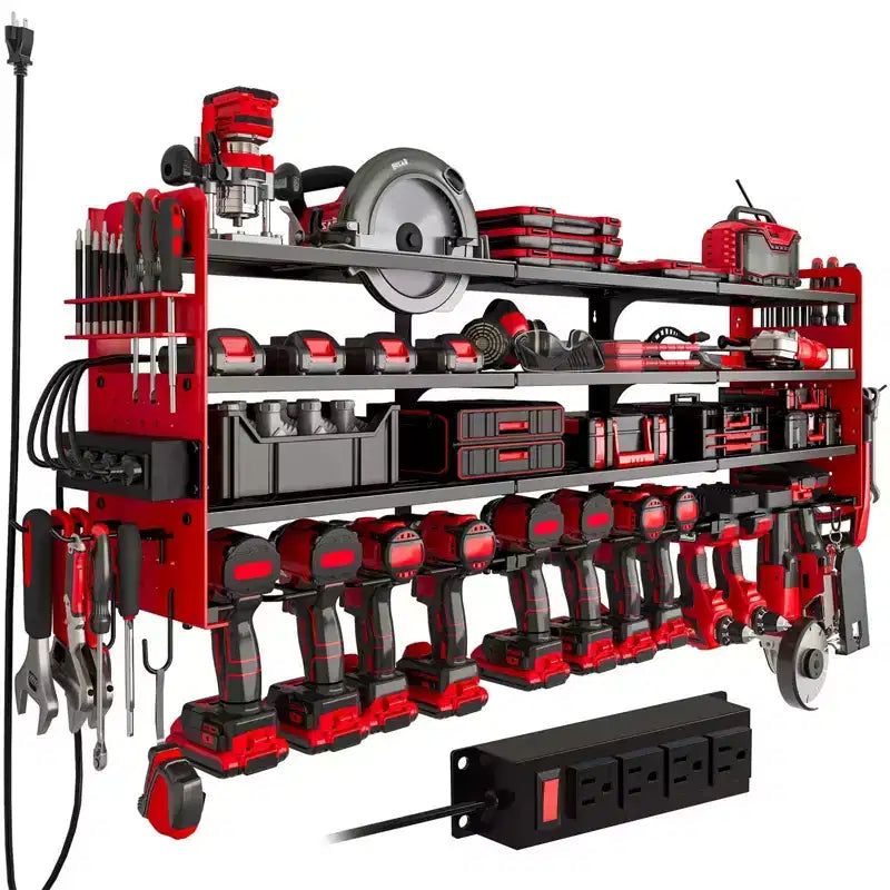 Hausource Étagères de Rangement pour Outils Électriques à 12 Emplacements avec Panneau Perforé, Étagère de Rangement pour Perceuses à 4 Niveaux et Multiprise