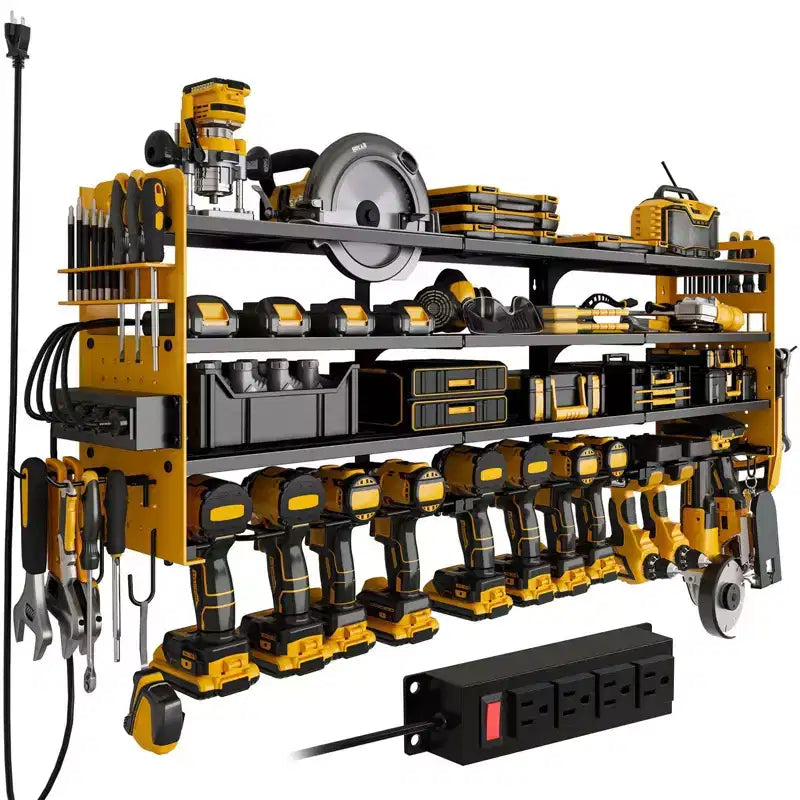 Hausource Étagères de Rangement pour Outils Électriques à 12 Emplacements avec Panneau Perforé, Étagère de Rangement pour Perceuses à 4 Niveaux et Multiprise