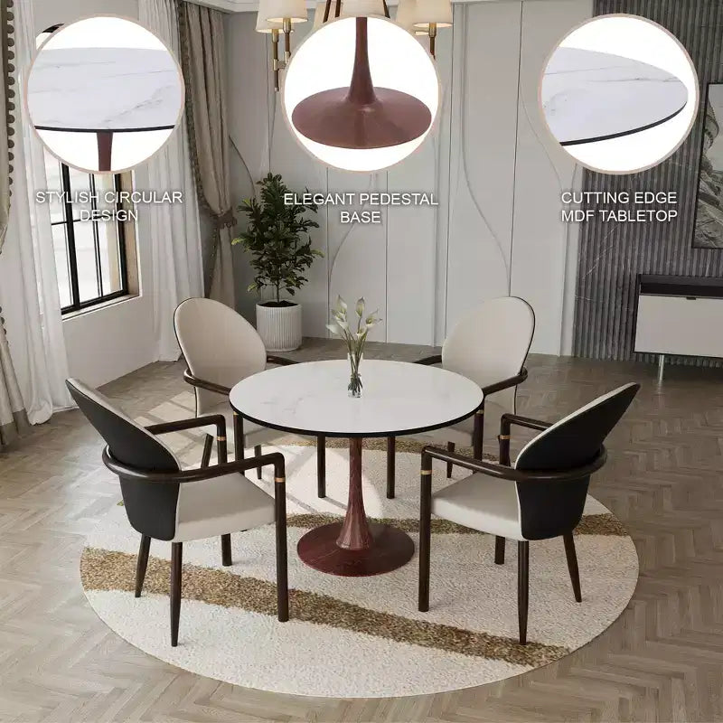 Table de salle à manger ronde moderne LeisureMod Bristol 35'' avec plateau en MDF durable et base en acier noyer à transfert de bois pour cuisine, salle à manger ou cafés