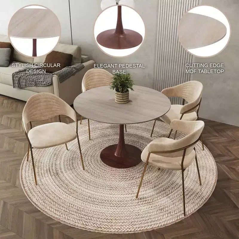 Table de salle à manger ronde moderne LeisureMod Bristol 35'' avec plateau en MDF durable et base en acier noyer à transfert de bois pour cuisine, salle à manger ou cafés