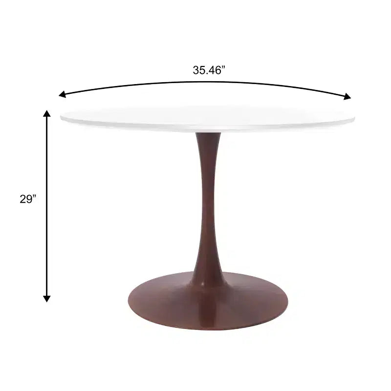 Table de salle à manger ronde moderne LeisureMod Bristol 35'' avec plateau en MDF durable et base en acier noyer à transfert de bois pour cuisine, salle à manger ou cafés