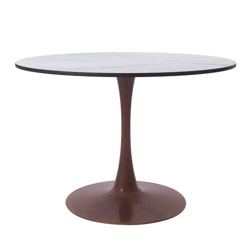 LeisureMod Bristol Table à manger ronde moderne de 35 po, plateau durable en MDF et bois - Base en acier noyer transfert pour cuisine, salle à manger ou cafés