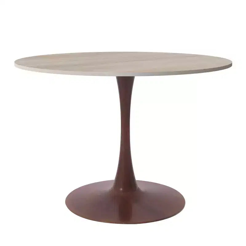 LeisureMod Bristol Table à manger ronde moderne de 35 po, plateau durable en MDF et bois - Base en acier noyer transfert pour cuisine, salle à manger ou cafés