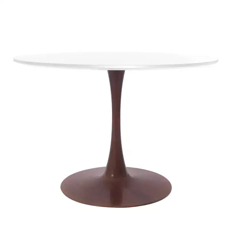 LeisureMod Bristol Table à manger ronde moderne de 35 po, plateau durable en MDF et bois - Base en acier noyer transfert pour cuisine, salle à manger ou cafés
