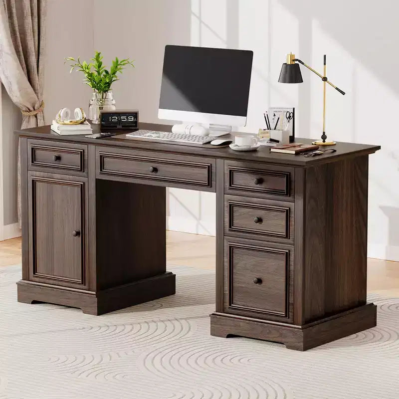 Bureau administratif Dyonery, bureau informatique en bois avec tiroirs et armoires, pour la maison, le bureau, le travail, l'écriture, bureau à domicile blanc antique pour le travail