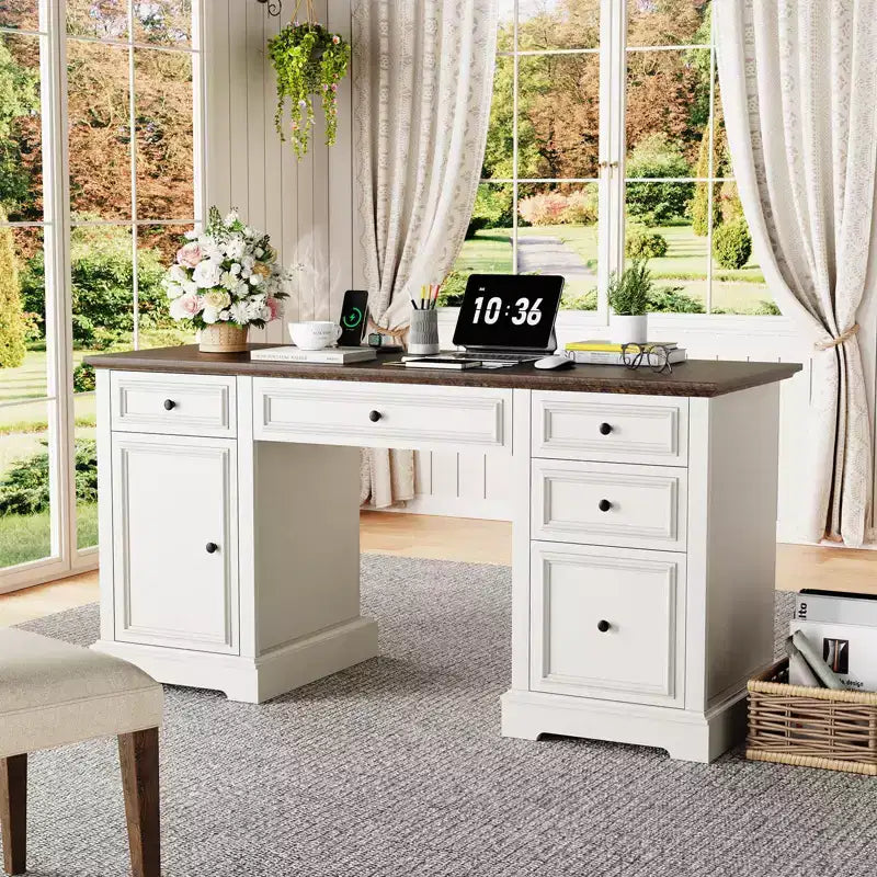 Bureau administratif Dyonery, bureau informatique en bois avec tiroirs et armoires, pour la maison, le bureau, le travail, l'écriture, bureau à domicile blanc antique pour le travail