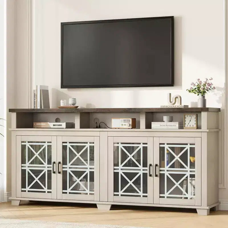 Meuble TV de ferme pour téléviseurs de 80 pouces | Lumières LED et portes vitrées | Meuble de rangement en MDF | Design moderne du milieu du siècle | Pour salon et chambre à coucher