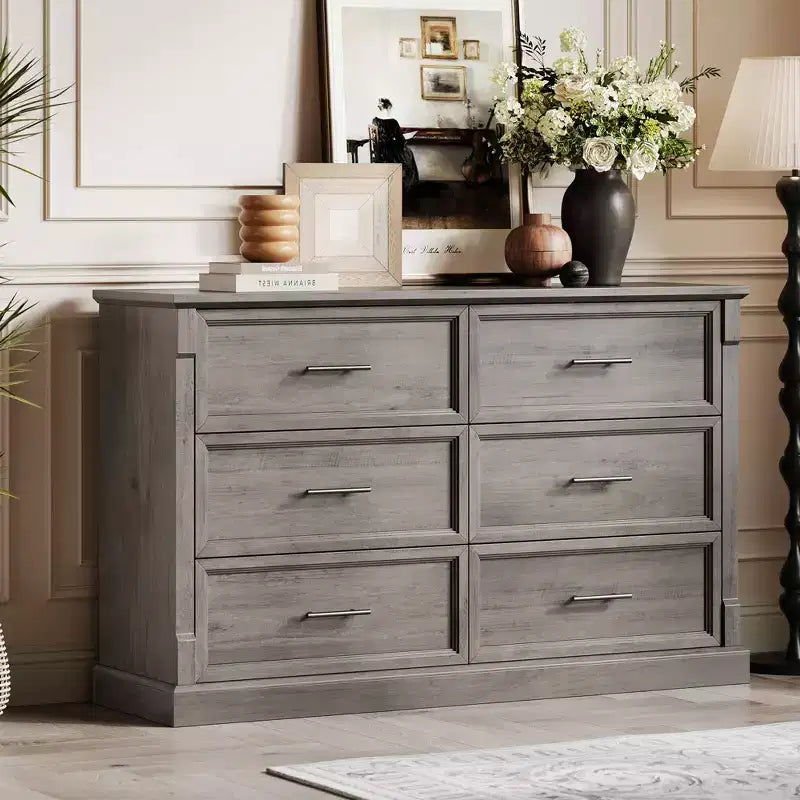Commode de chambre à 6 tiroirs style ferme, commode en bois avec poignées en métal, grande commode double meuble TV, organisateur de rangement