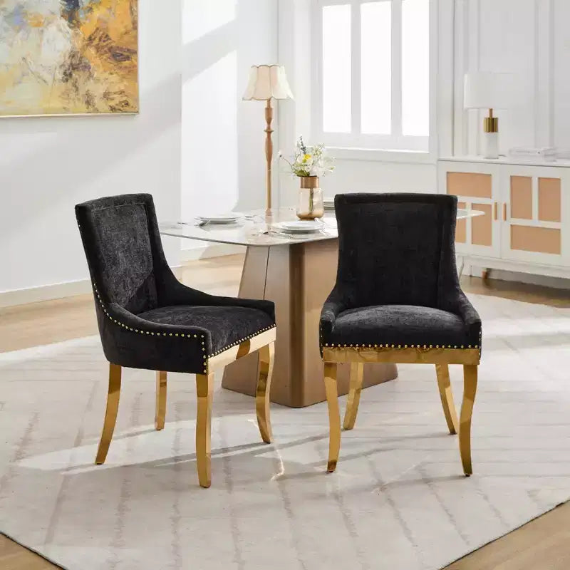 Chaises de salle à manger Okak Modernes en Chenille, Chaises Confortables en Tissu avec Rembourrage Épais, Chaises d'Appoint avec Pieds Plaqués Or et Garniture à Rivets