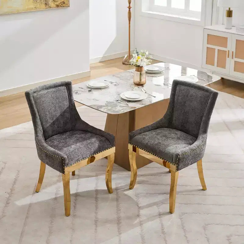 Chaises de salle à manger Okak Modernes en Chenille, Chaises Confortables en Tissu avec Rembourrage Épais, Chaises d'Appoint avec Pieds Plaqués Or et Garniture à Rivets