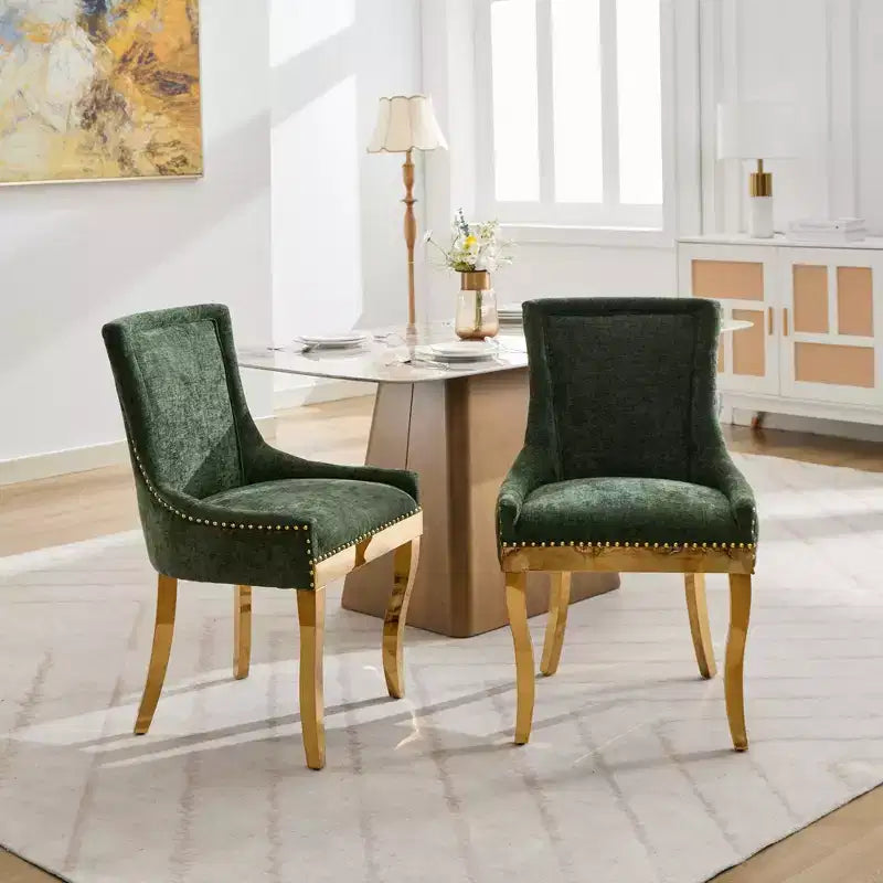 Chaises de salle à manger Okak Modernes en Chenille, Chaises Confortables en Tissu avec Rembourrage Épais, Chaises d'Appoint avec Pieds Plaqués Or et Garniture à Rivets